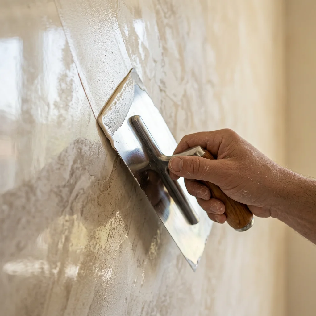 Acabado decorativo dorado en pared interior en Tarragona