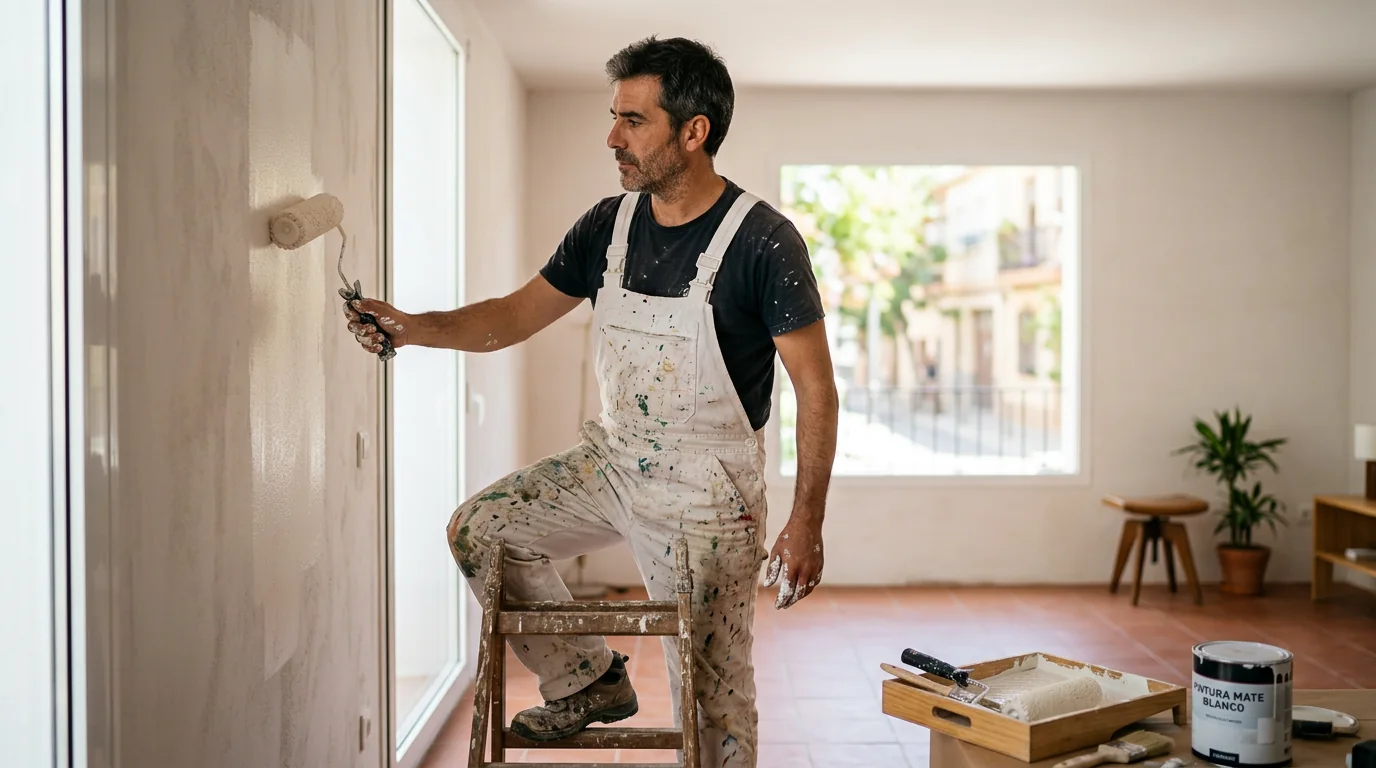 Pintores profesionales de Pinturas Monfor pintando una vivienda en Deltebre, Delta de l'Ebre